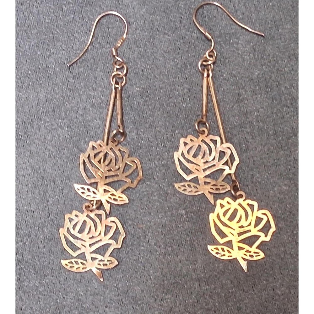 Sterling Rose Dangle Earrings Cutout Articulated